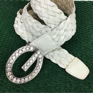 Vintage Guess Rhinestone G Belt Womens Braided White Vegan Leather M Any Size